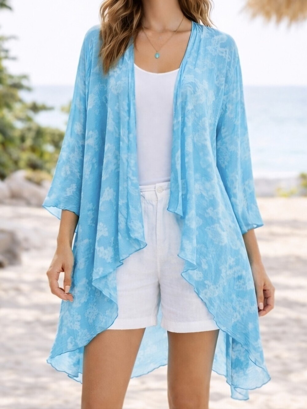 Blue Sky Design Turquoise Watercolor Draped Open Front Layering Sm Lightweight